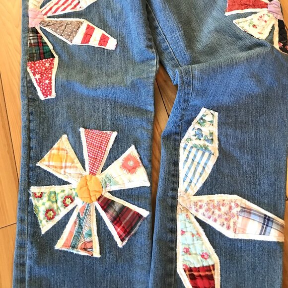 Vintage Quilt Patchwork Jeans, 10P: Upcycled Hippie Pants, Boho Festival Wear - Picture 6 of 8